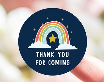 Thank you for coming to my party stickers 35 on a sheet - ready to seal party bags, sweetie cones or party decor - navy rainbow