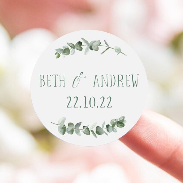 Eucalyptus trouwstickers | trouwlabels | eucalyptus groen gunst sticker | huwelijksgunsten danken u stickers | ronde stickers