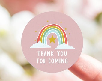 Thank you for coming to my party stickers 35 on a sheet - ready to seal party bags, sweetie cones or party decor - pink rainbow