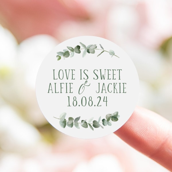 L'amour est doux stickers mariage eucalyptus | stickers cadeaux de mariage | l'amour est doux label | bonbons de mariage | Sticker chariot doux