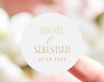 Gold foil wedding stickers | simple gold foil name and date wedding labels | wedding sticker foil | wedding favors thank you stickers