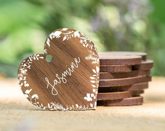 Place cards | wood custom rustic names | custom wood names | table party decor | laser cut place name settings | wedding seating card floral