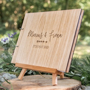 Personalised wooden wedding guest book with arrow & hearts, rustic guestbook, traditional woodland forest ceremony, alternative wood, PG5 image 1