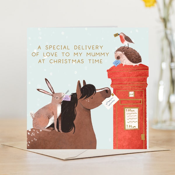 A special delivery of love to my Mummy at Christmas Card | robin horse hare and postbox Xmas card for Mummy | option to send to recipient