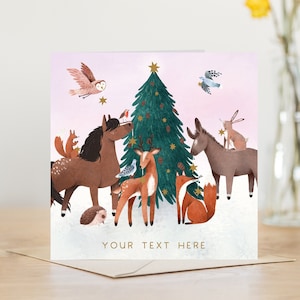 Personalised woodland forest animal themed Christmas card | personalise by entering your own custom text | horse donkey owl hare turtle dove