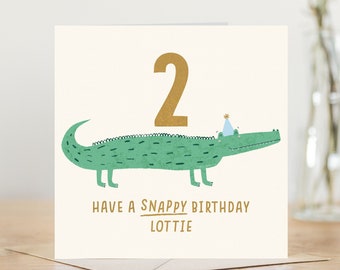 Personalised 2nd birthday card for boy or for girl | crocodile illustrated safari jungle animals greeting card for daughter or for son
