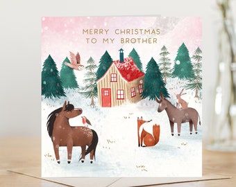 Brother Christmas card winter scene with house and animals | holiday card cute Christmas card | Brother colourful card