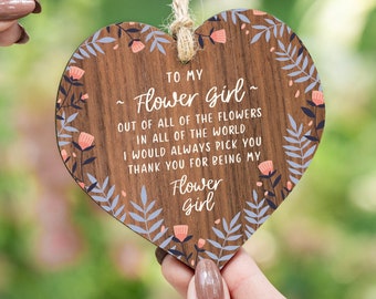 Flower Girl Thank You Gift - Hanging Wooden Heart Bridal Party Gift - Be my Bridesmaid - Wood Keepsake - Hen Party - Wedding Day - AM16