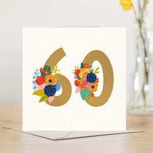 Gold 60th birthday personalised card for mum sister wife girlfriend nanny grandma friend | 60 number card botanical floral flowers