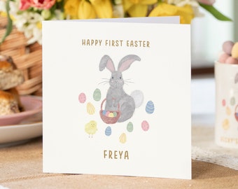 Personalised happy first easter card | greetings card for son or daughter | custom easter name card with bunny rabbit granddaughter grandson