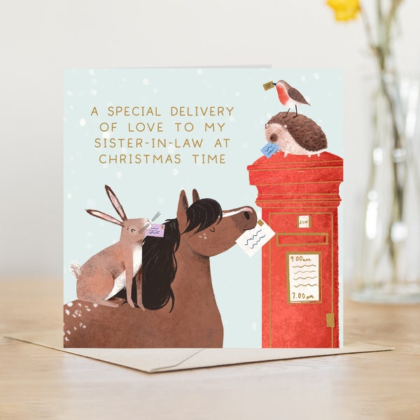 A special delivery of love to my Sister in law at Christmas Card robin horse hare and postbox Xmas card for Sister in law send to recipient