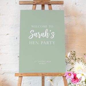 Sage green personalised hen party sign | welcome hens party sign | hen party decor hen do sign | hen party print, hens party welcome to hen