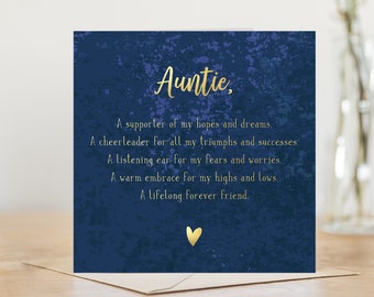 thank you auntie card | gold foil blue luxury poem card | birthday card | thank you positivity cards