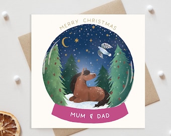 Merry Christmas to my Mum and Dad card winter scene in snow globe | cute holiday Christmas card | hand illustrated card for Mum and Dad