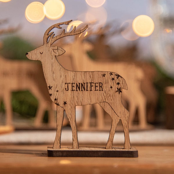 Personalised reindeer deer Christmas place names | dinner table decor place name setting | wooden Christmas table decorations