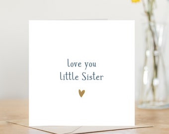 Love you little sister heart happy birthday card | birthday card for her greeting card | simple card for sister gold and navy