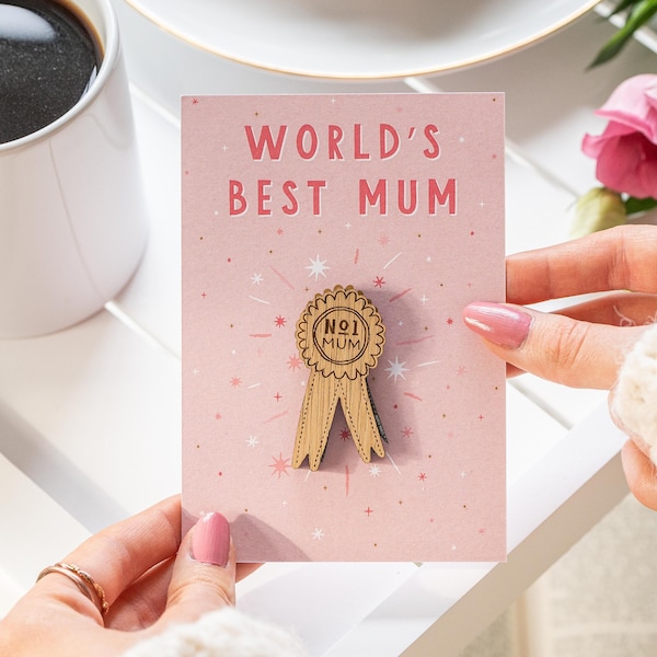 Worlds best Mum pin | birthday or mothers day card | card for her | bright colourful rosette greetings card | pink award gift for her