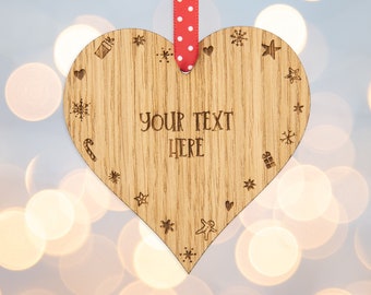 Your Text Here Christmas Decoration - Personalised Wooden Heart Ornament - Customisable Bauble - First Xmas Hanging Decoration - 27CD