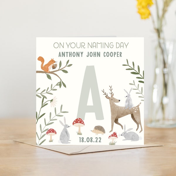 Naming day card | woodland personalised card | naming day cards for boy or girl | goddaughter card godson card | baby naming day