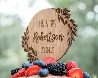 Cake topper, wedding floral foliage, wooden cake topper, cake toppers, rustic natural decoration, wedding toppers, wedding, mr and mrs CT11