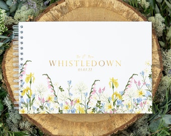 Personalised wedding guestbook| Wildflower wedding guest book for reception | guestbook wedding | white and gold foil floral guest book