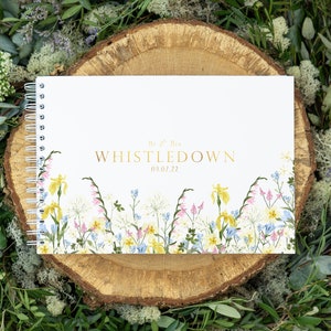Personalised wedding guestbook| Wildflower wedding guest book for reception | guestbook wedding | white and gold foil floral guest book