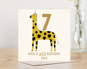 Personalised 7th birthday card for boy or for girl | 7 seven giraffe illustrated safari jungle animals greeting card for daughter or for son