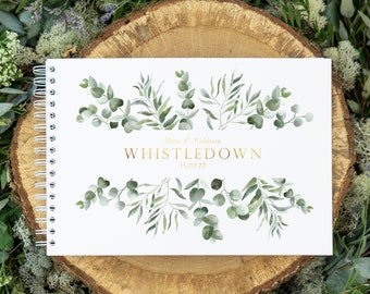 Wedding guestbook personalised | Eucalyptus wedding guest book for reception | guestbook wedding | white and gold foil boho guest book