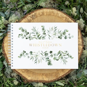 Wedding guestbook personalised | Eucalyptus wedding guest book for reception | guestbook wedding | white and gold foil boho guest book