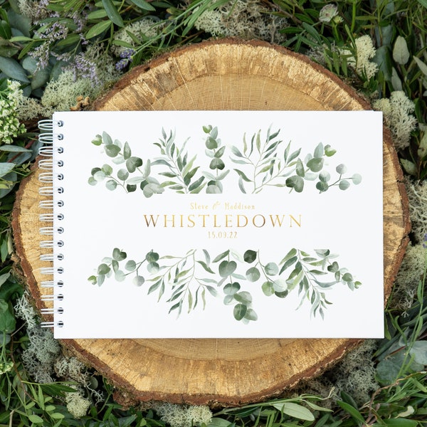 Wedding guestbook personalised | Eucalyptus wedding guest book for reception | guestbook wedding | white and gold foil boho guest book