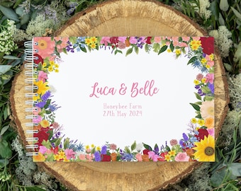Personalised wedding guestbook spring summer flowers | sunflower bright floral illustrations | guest book for wedding engagement anniversary