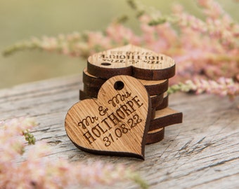 Wooden Wedding Hearts, Table Decor, Personalised Mr & Mrs Love, Heart Wedding Table Decoration, Custom Favours, Rustic Wood Foliage,  14TD