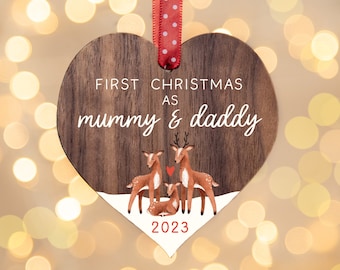 First Christmas as Mummy and Daddy Deer ornament | wooden keepsake decoration for new parents | bauble for a 1st Christmas as Mum and Dad