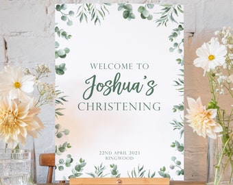 Personalised eucalyptus christening sign | christening welcome sign | christening decor decorations | christening banner poster boy or girl