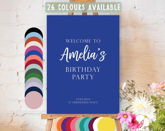 Birthday party poster sign for welcome to birthday party personalised with name date and location 26 colours available