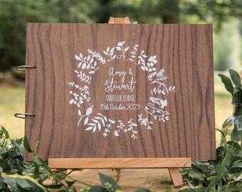 Personalised wood wedding guestbook | guest book unique | floral white guest book ideas for keepsake | personalized | destination abroad