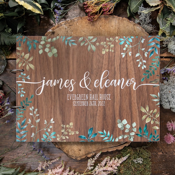 Wedding guest book, alternative unique guestbook, personalised guest book , green foliage eucalyptus, wooden guest book, rustic wedding PG9