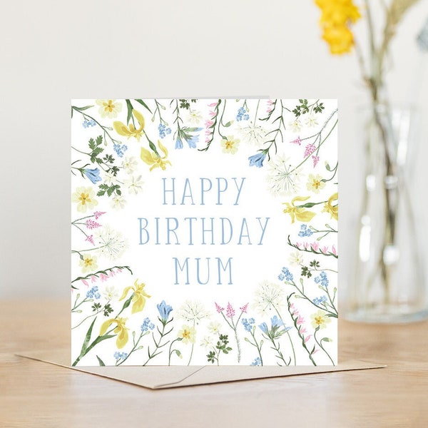 Wildflower mum birthday card | birthday card mum mummy | happy birthday floral flower 50th 60th 70th 80th 90th 100th pink baby blue