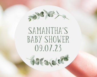 Personalised baby shower stickers | baby shower sticker /  labels | for favors botanical eucalyptus |  round circle | greenery boho baby