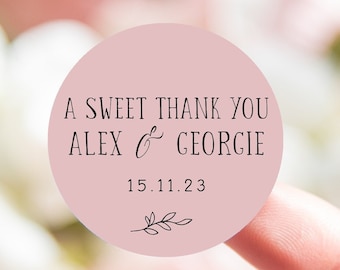 A sweet thank you pink personalised wedding stickers | blush pink simple sweet bag stickers | sweet thank you favours custom thank stickers