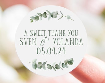 A sweet thank you personalised wedding stickers | eucalyptus sweet bag stickers | sweet thank you favours | custom thank you treat stickers