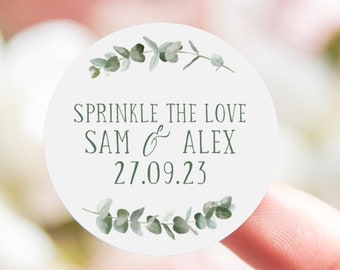 Sprinkle the love personalised wedding confetti stickers | eucalyptus botanical circle / round wedding favour sticker