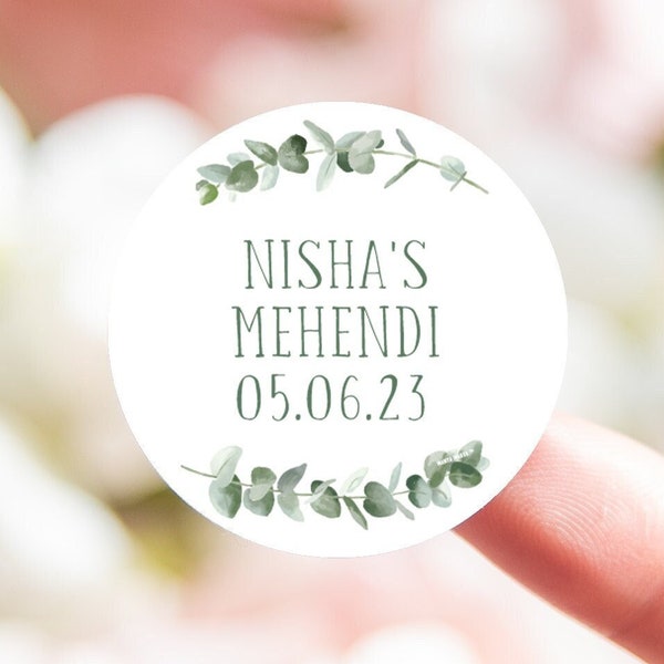 Mehndi / Mehendi wedding stickers | personalised wedding labels decor and round circle eucalyptus style