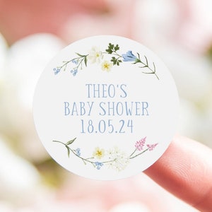 Personalised baby shower stickers | baby shower sticker /  labels | for favors floral wildflower |  round circle | flowers boho baby