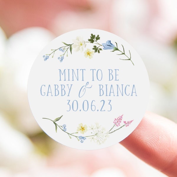 Personalised mint to be wedding stickers | wildflower mint to be favor labels | floral flower labels for mints | mint wedding favours