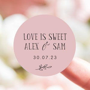Love is sweet pink personalised wedding stickers | wedding favor stickers | love is sweet label | wedding sweets | sweet cart blush pink