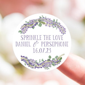 Sprinkle the love wisteria personalised wedding confetti stickers | purple floral flowers circle / round wedding favour sticker