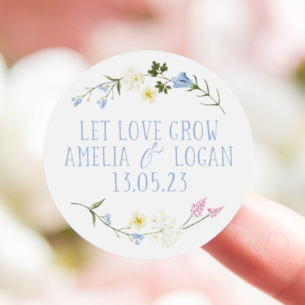 Let love grow personalised stickers | wildflower leaves botanical wedding favors | floral seed packets | wedding favours seed stickers,round