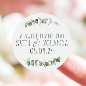 A sweet thank you personalised wedding stickers | eucalyptus sweet bag stickers | sweet thank you favours | custom thank you treat stickers