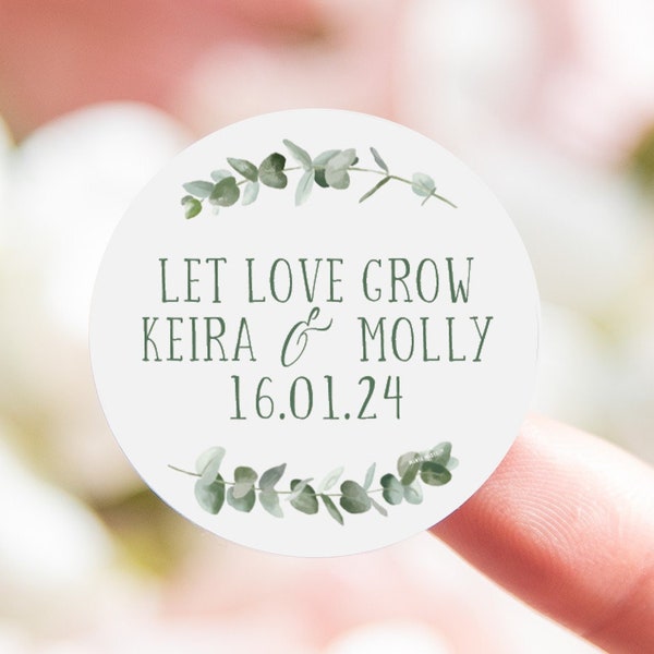 Let love grow personalised stickers | eucalyptus leaves botanical wedding favors | favor seed packets| wedding favours seed stickers,round